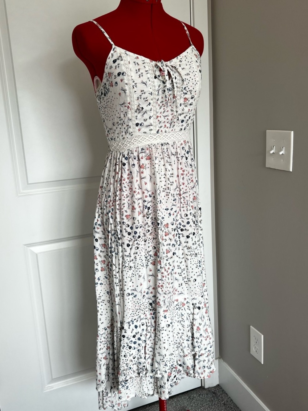 White Floral Midi Dress with Tie-Front Bodice